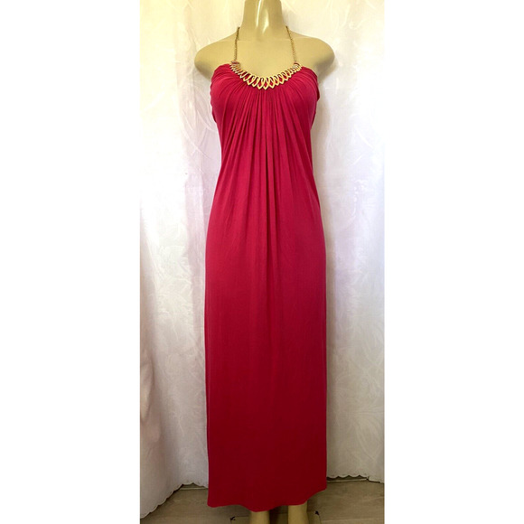 SKY Dress Chain Halter Neck Sleeveless Maxi A line Empire Waist Pink Lon… - Picture 1 of 6